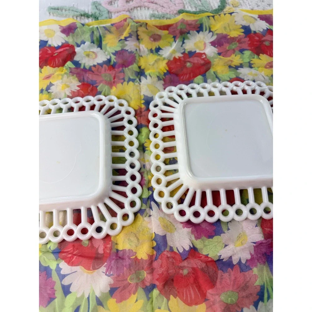 Vintage Westmoreland Milk Glass Open Lace Edge Square Plates Set of 2 White 7in